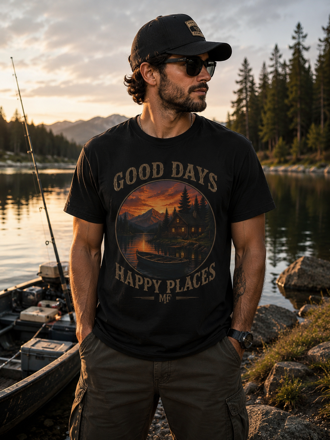 Good Days Happy Places T-Shirt | Vintage Lake Cabin Sunset Nature Tee