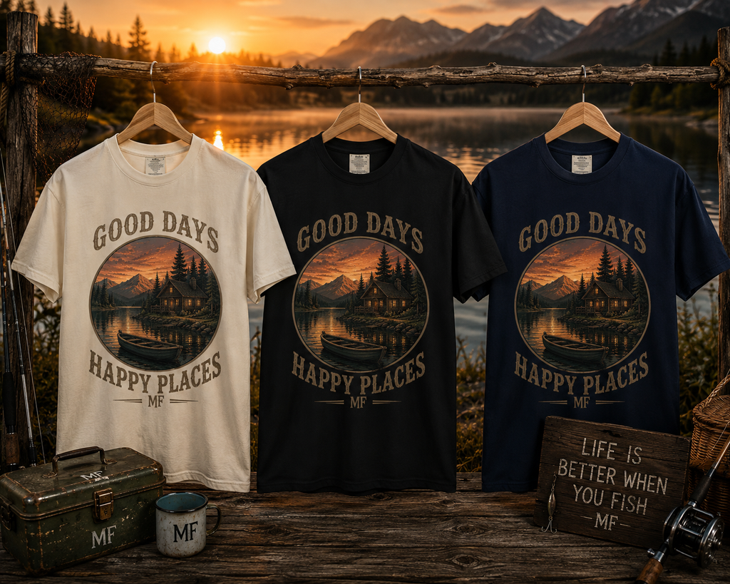 Good Days Happy Places T-Shirt | Vintage Lake Cabin Sunset Nature Tee