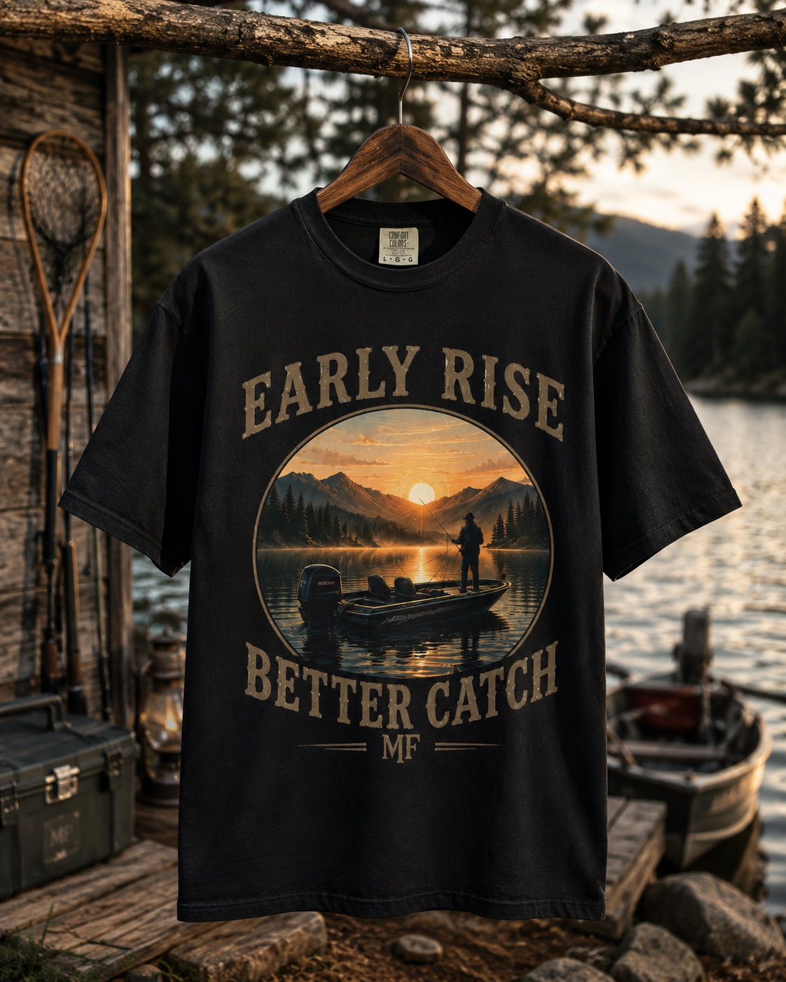 Early Rise Better Catch fishing scene T-Shirt | sunrise angler tee