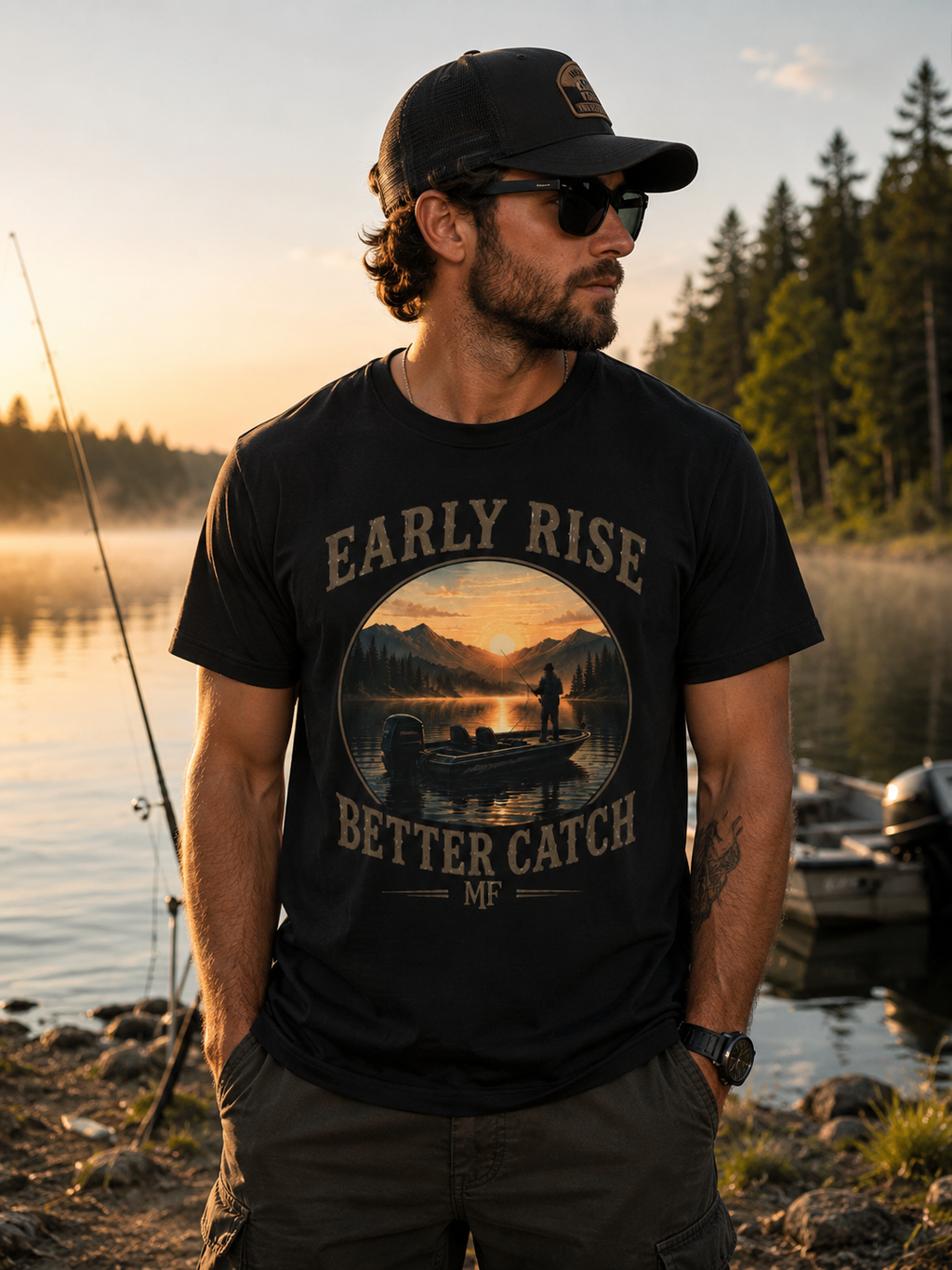 Early Rise Better Catch fishing scene T-Shirt | sunrise angler tee
