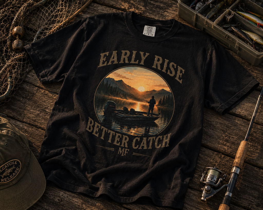 Early Rise Better Catch fishing scene T-Shirt | sunrise angler tee
