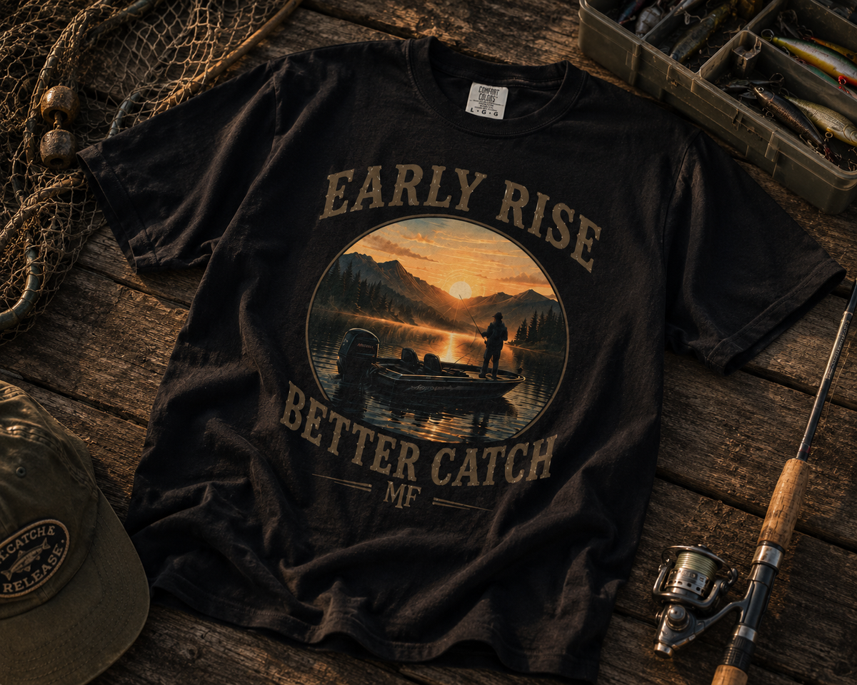 Early Rise Better Catch fishing scene T-Shirt | sunrise angler tee