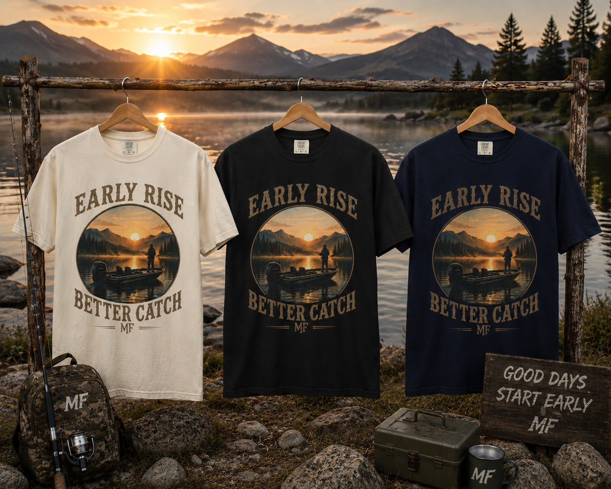 Early Rise Better Catch fishing scene T-Shirt | sunrise angler tee