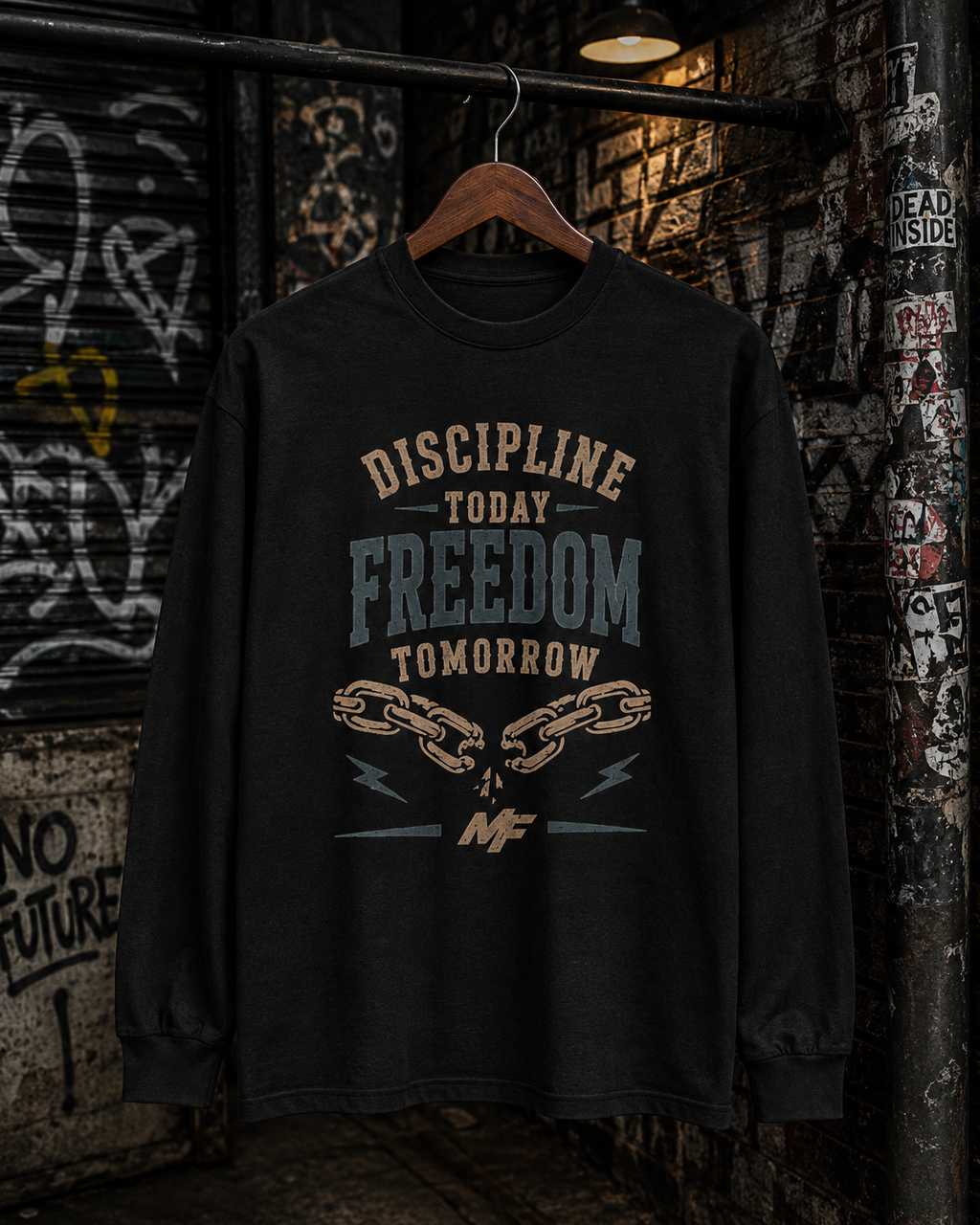 Discipline Today Freedom Tomorrow long sleeve tee | broken chains graphic