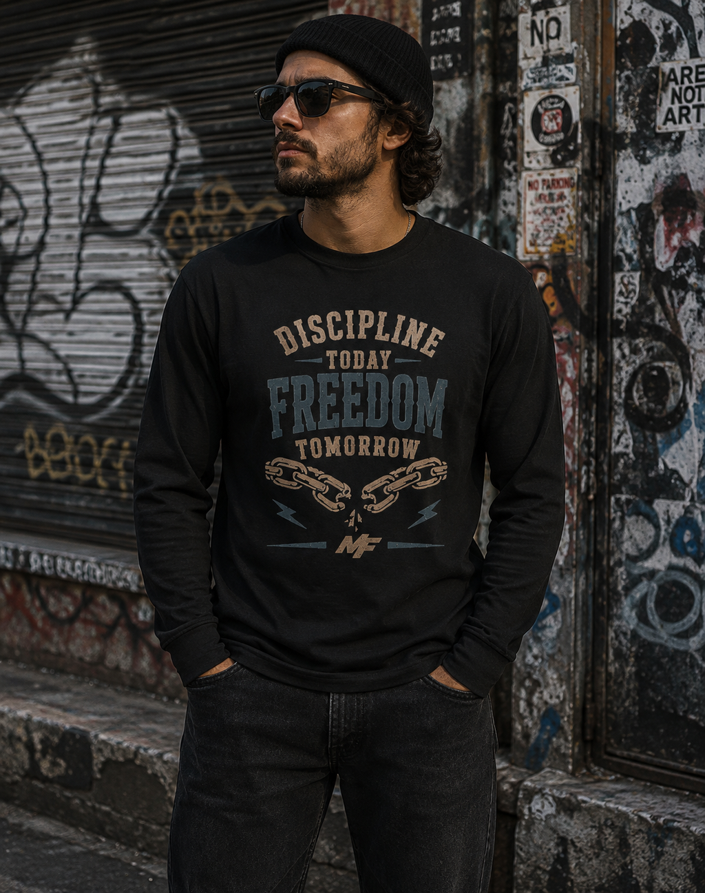 Discipline Today Freedom Tomorrow long sleeve tee | broken chains graphic