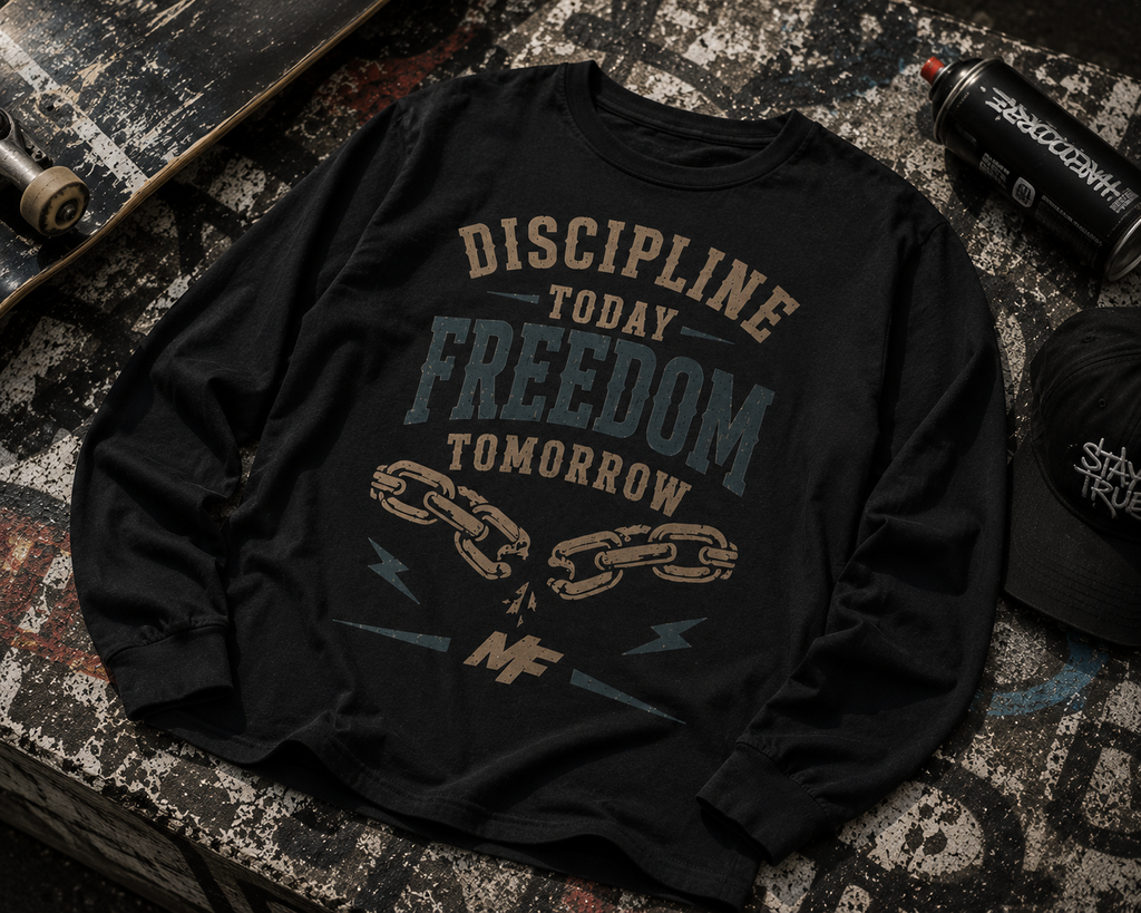 Discipline Today Freedom Tomorrow long sleeve tee | broken chains graphic