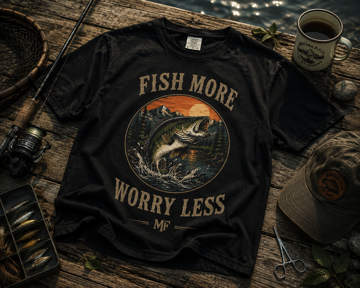 Fish More Worry Less T-shirt | Largemouth Bass Vintage Outdoors Tee