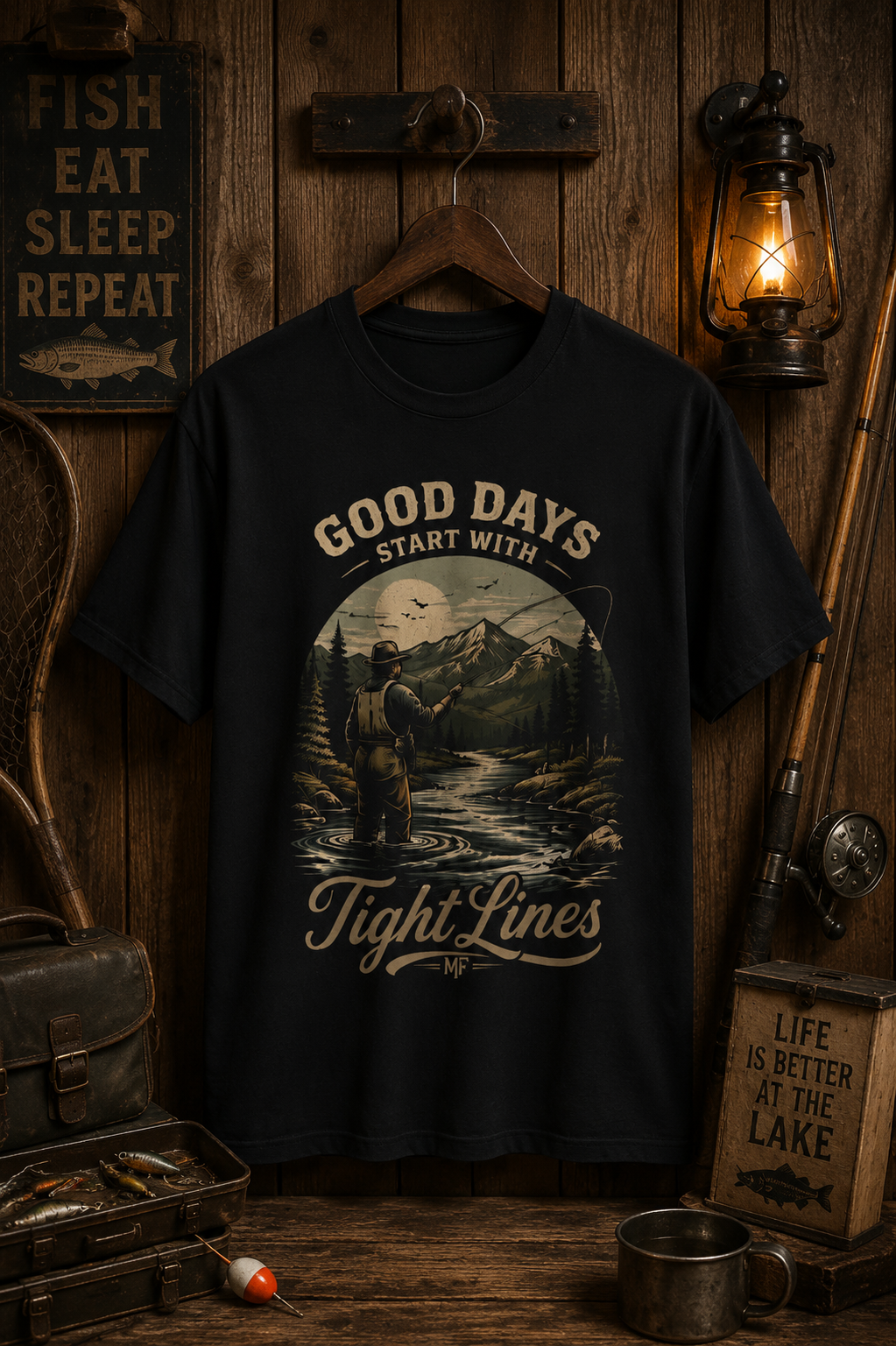 Good Days Start With Tight Lines T-Shirt | Mountain River Fishing Graphic Tee