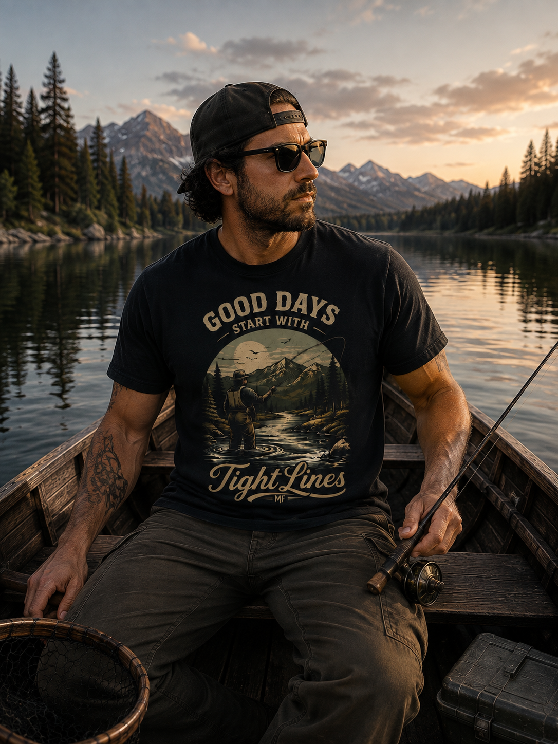 Good Days Start With Tight Lines T-Shirt | Mountain River Fishing Graphic Tee