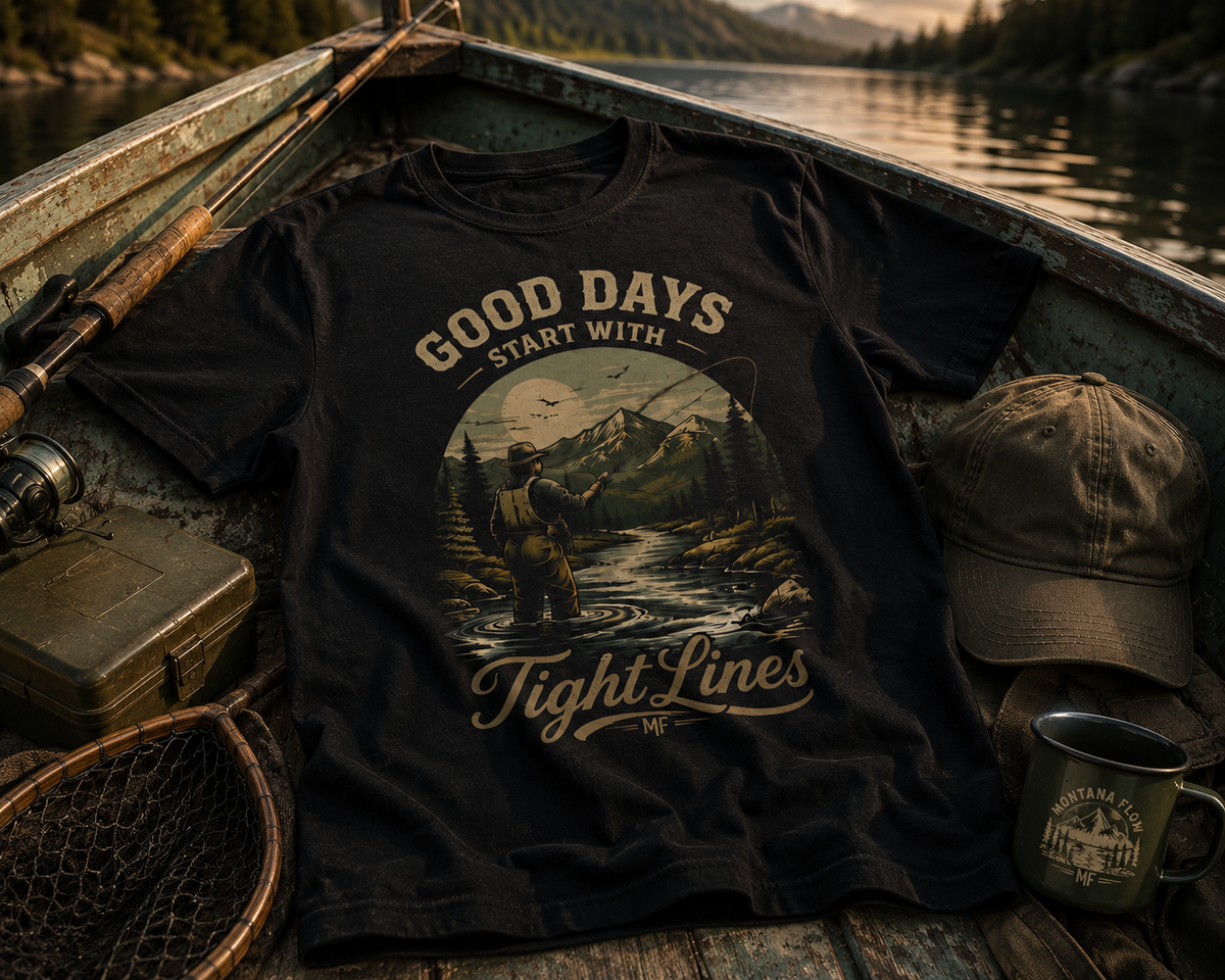 Good Days Start With Tight Lines T-Shirt | Mountain River Fishing Graphic Tee