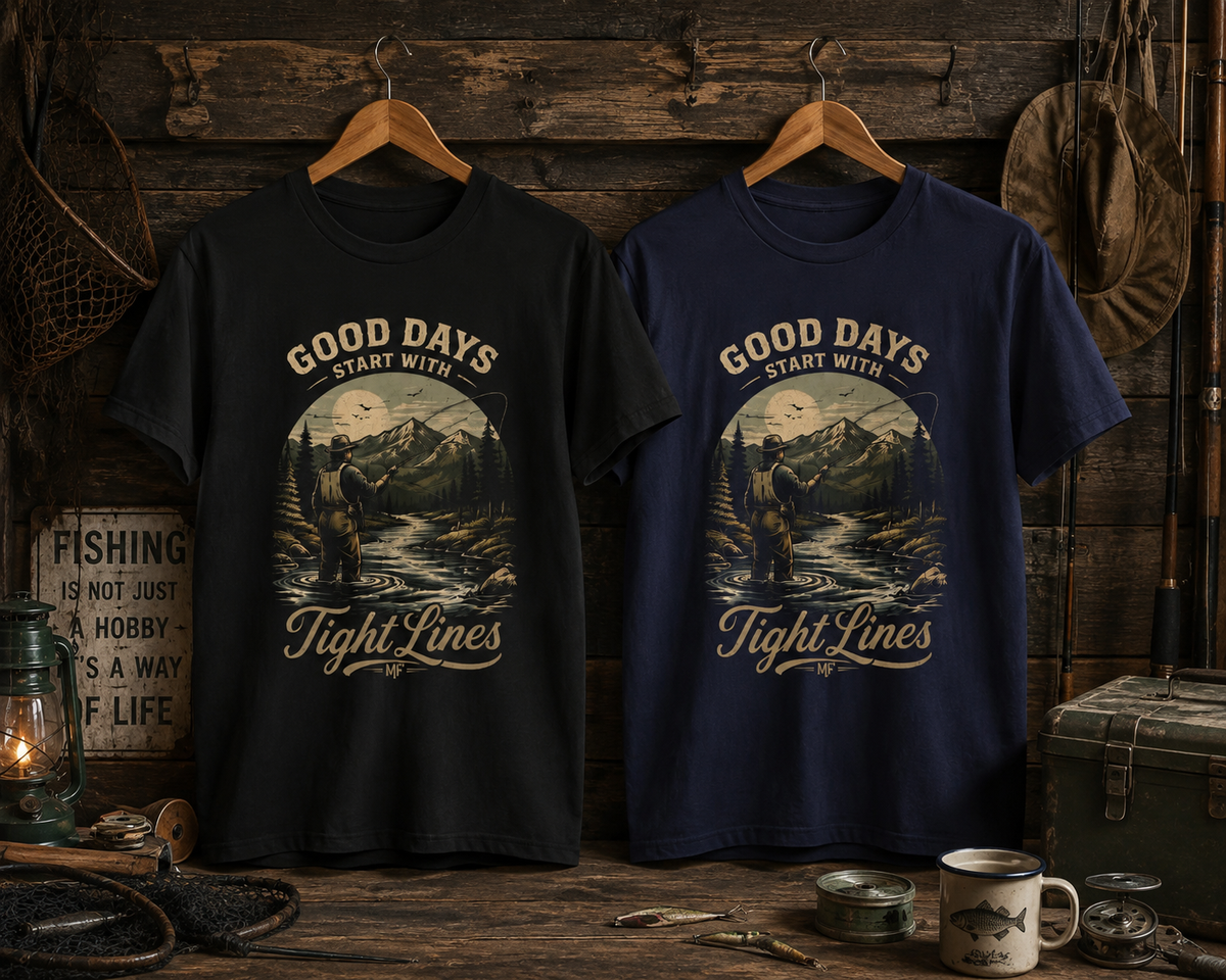 Good Days Start With Tight Lines T-Shirt | Mountain River Fishing Graphic Tee