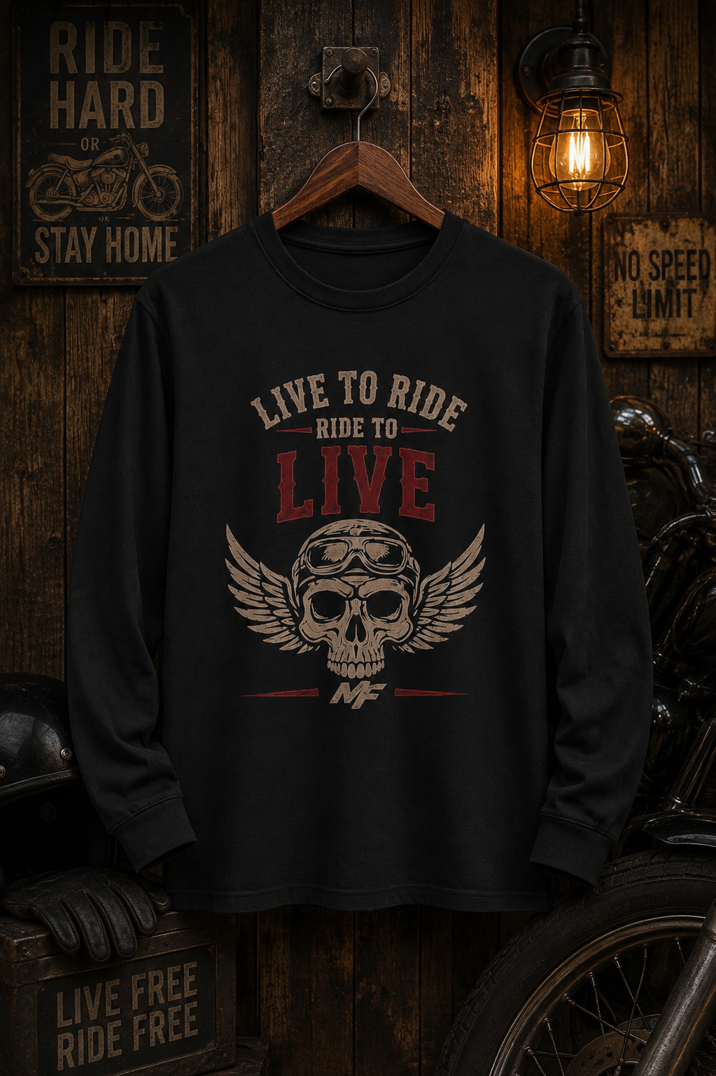 Live to Ride Skull Tee | Vintage Biker Graphic Long Sleeve Shirt