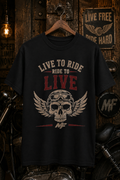 T-shirt de motard Live to Ride | T-shirt graphique avec tête de mort ailée