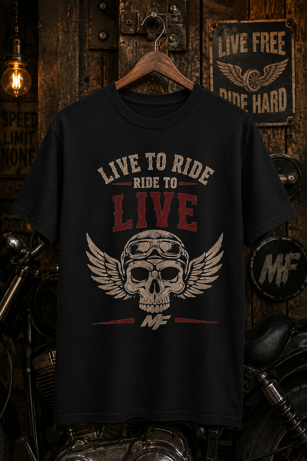 T-shirt de motard Live to Ride | T-shirt graphique avec tête de mort ailée