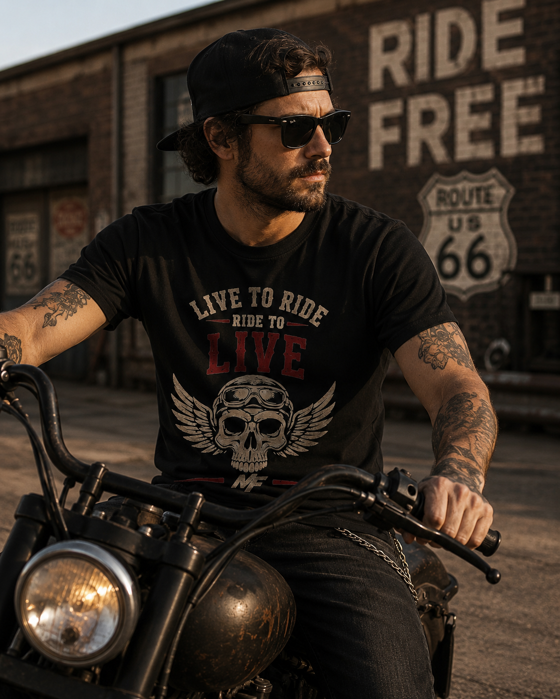 T-shirt de motard Live to Ride | T-shirt graphique avec tête de mort ailée
