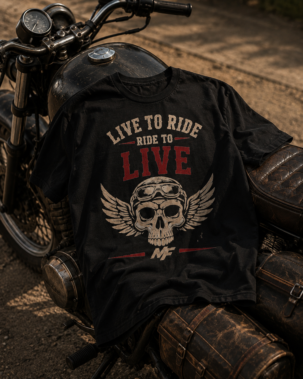 T-shirt de motard Live to Ride | T-shirt graphique avec tête de mort ailée