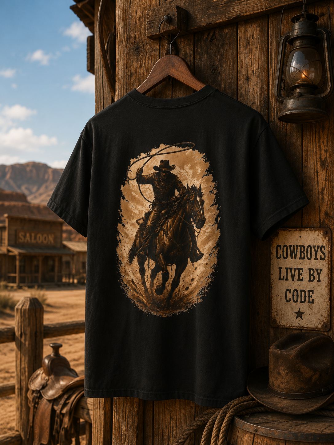 Cowboy Riding Horse T-Shirt | Western Rodeo Cowboy Tee, Lasso Graphic Shirt