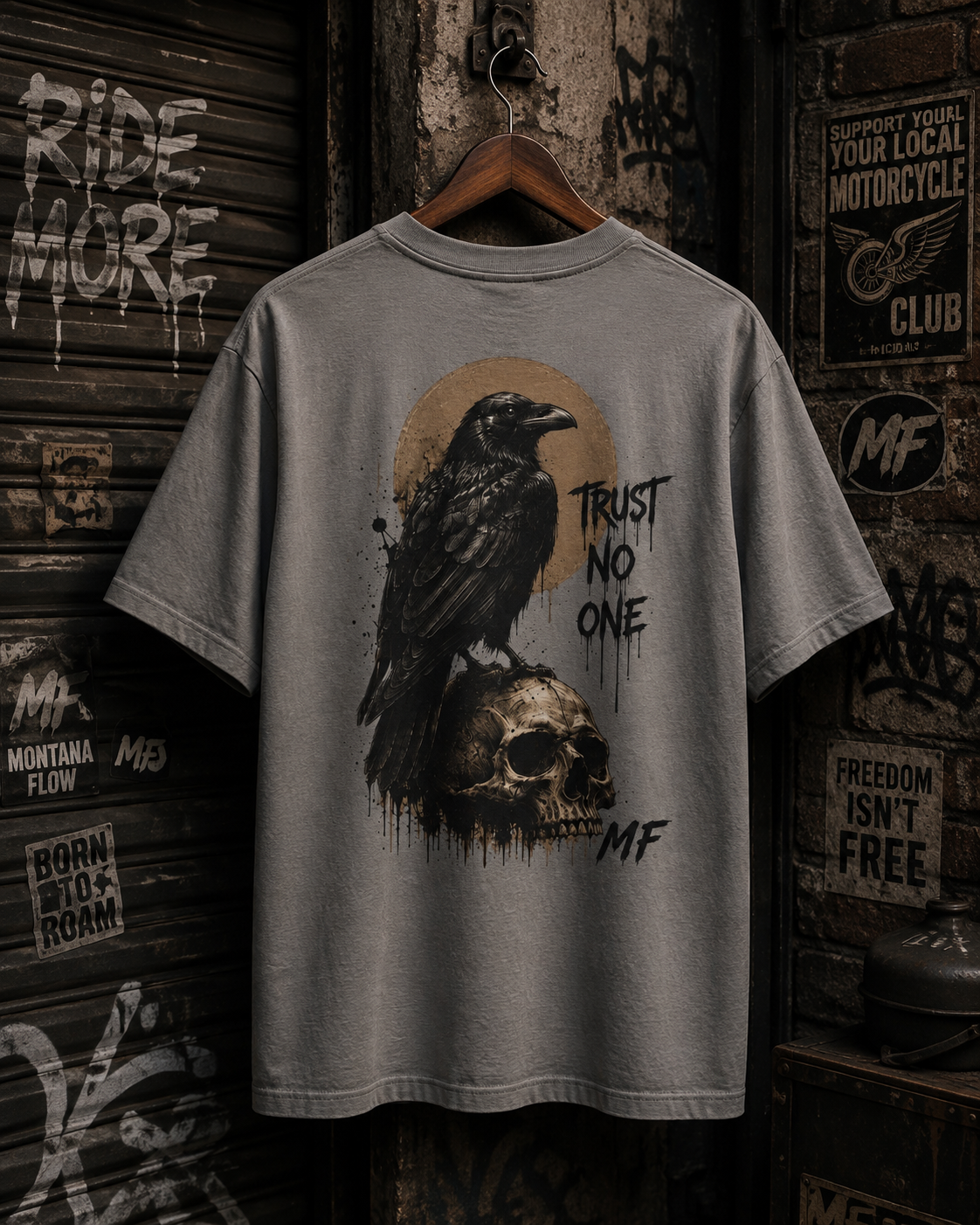 T-shirt crâne de corbeau « Trust No One » | T-shirt graphique streetwear gothique | T-shirt corbeau sombre