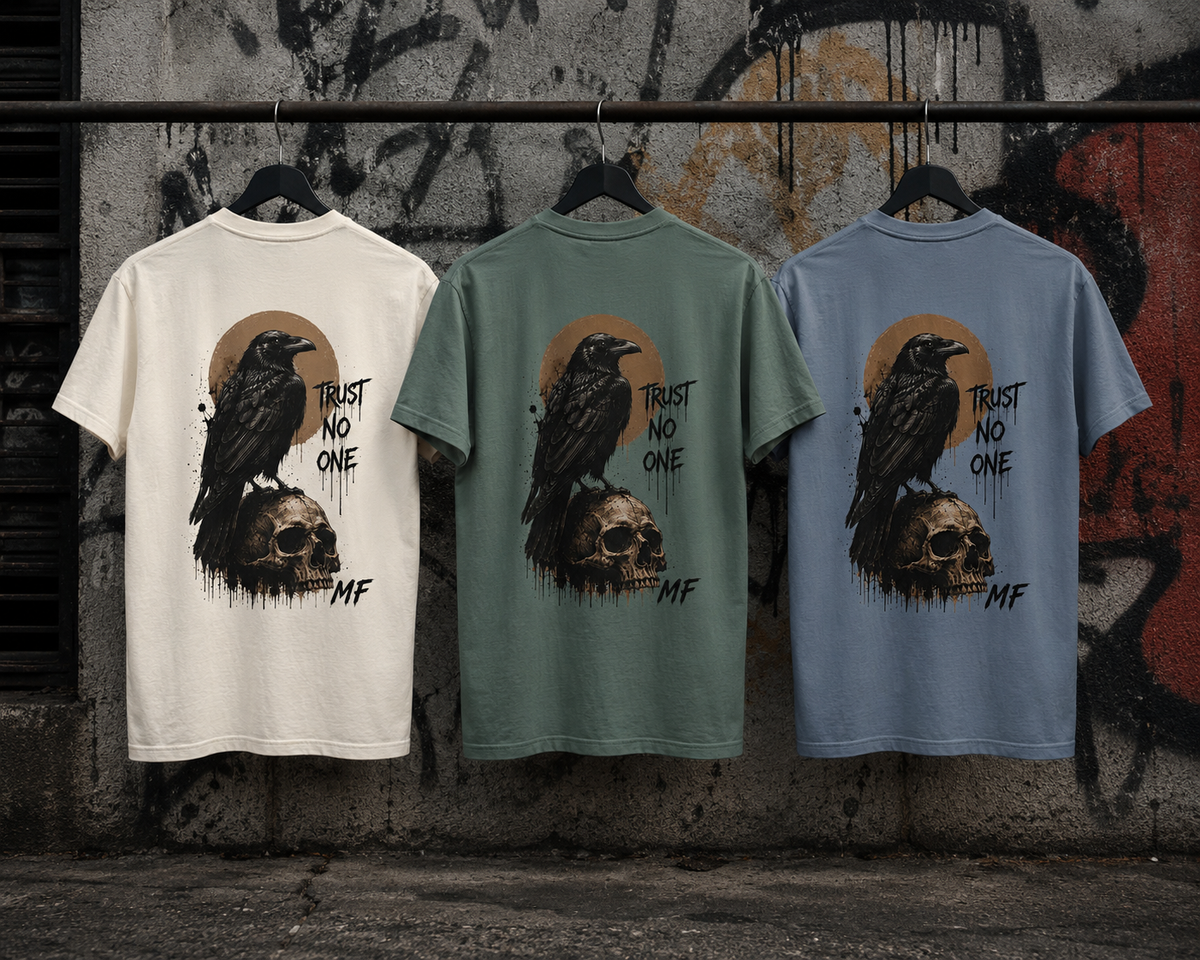 T-shirt crâne de corbeau « Trust No One » | T-shirt graphique streetwear gothique | T-shirt corbeau sombre