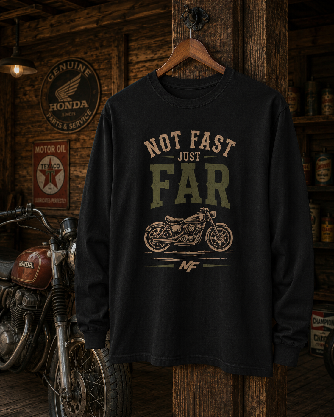 Not Fast Just Far Motorcycle Long Sleeve Tee | Vintage Bike Graphic shirt