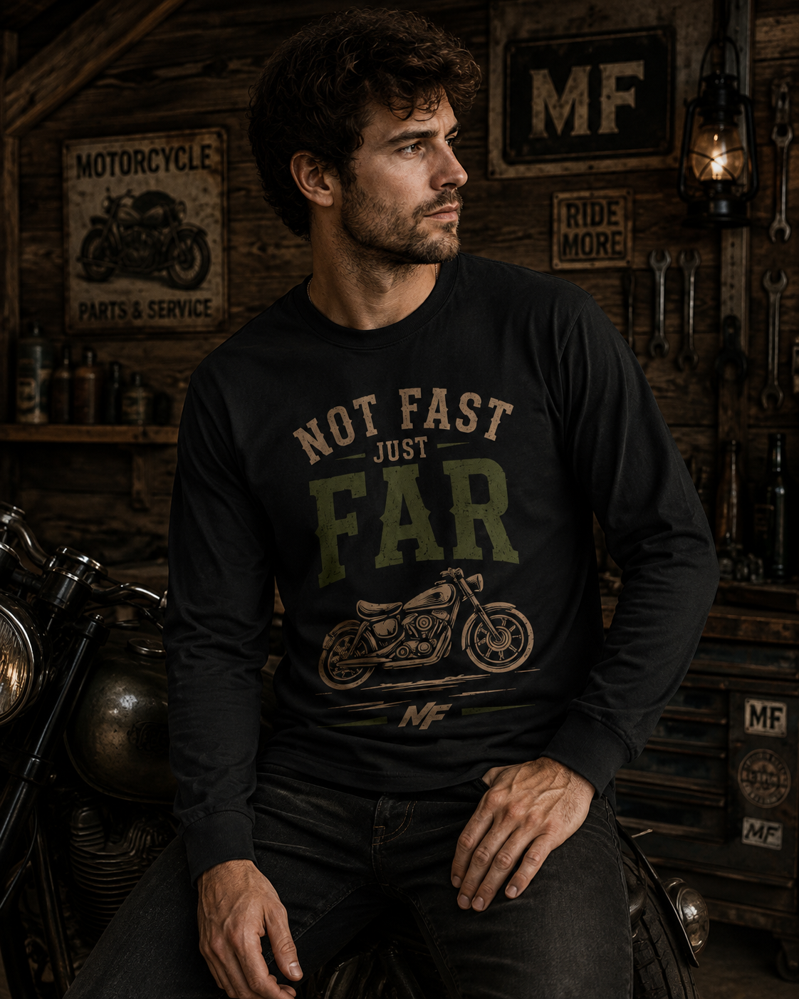 Not Fast Just Far Motorcycle Long Sleeve Tee | Vintage Bike Graphic shirt