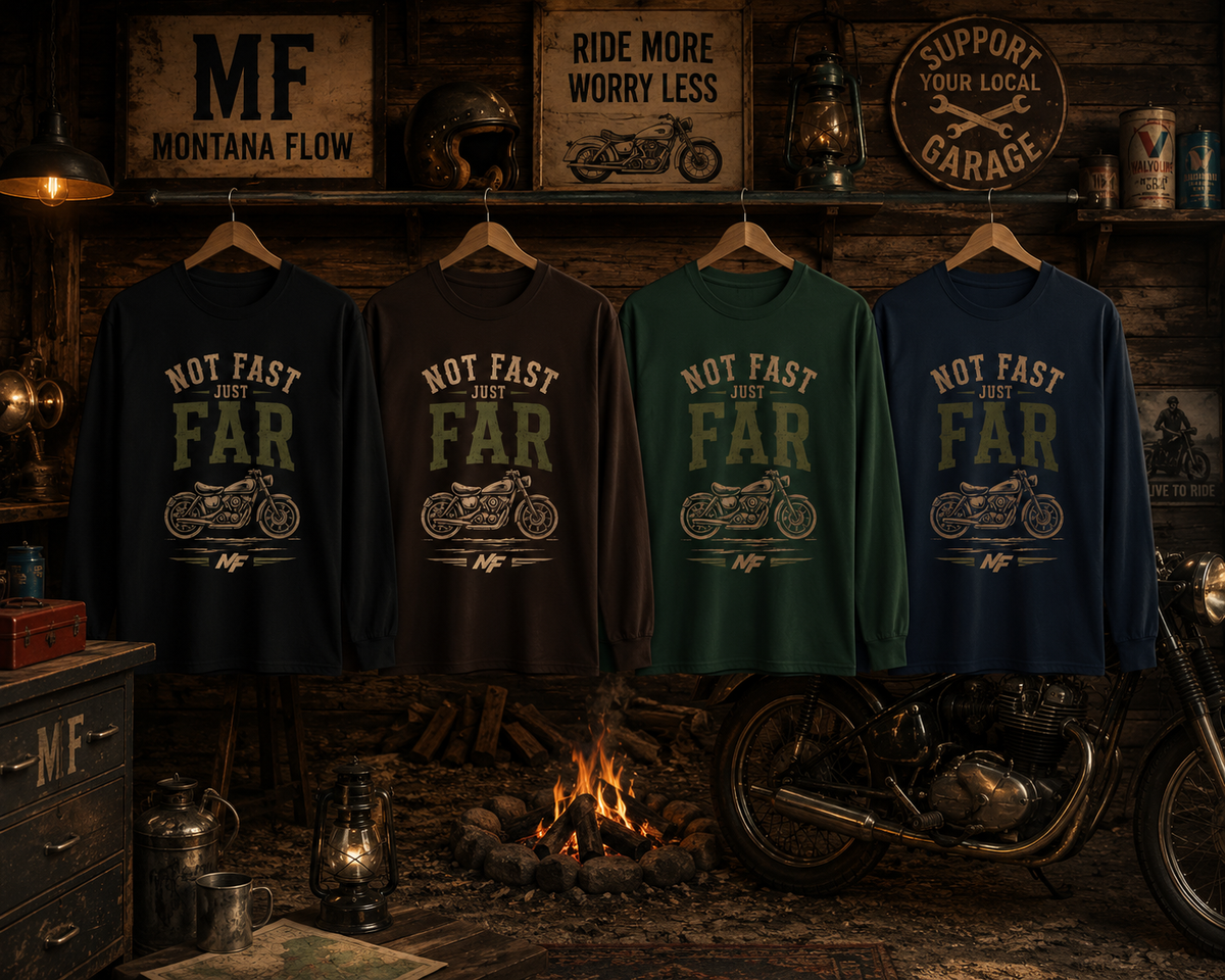 Not Fast Just Far Motorcycle Long Sleeve Tee | Vintage Bike Graphic shirt