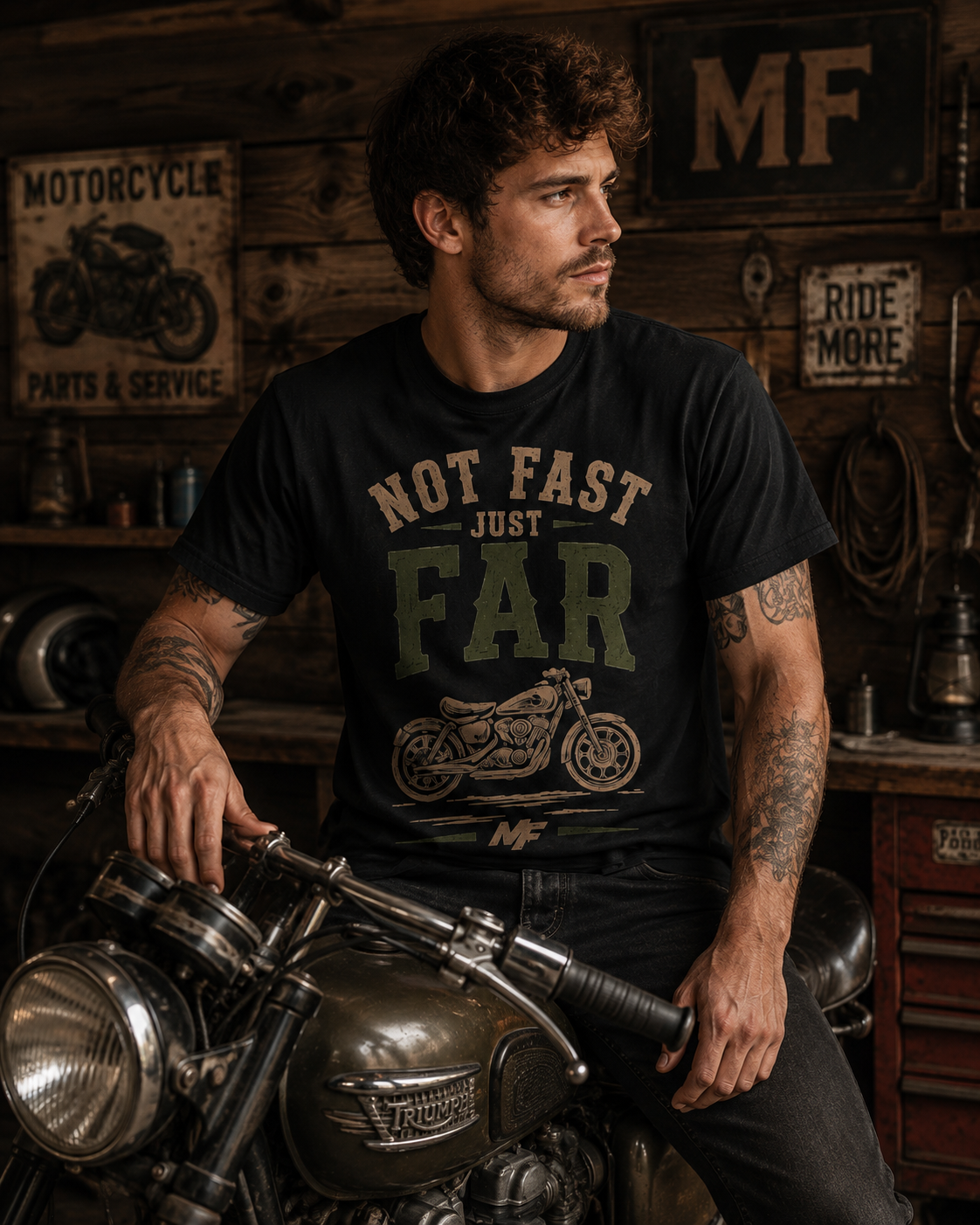 T-shirt moto Not Fast Just Far | Haut avec motif de moto vintage
