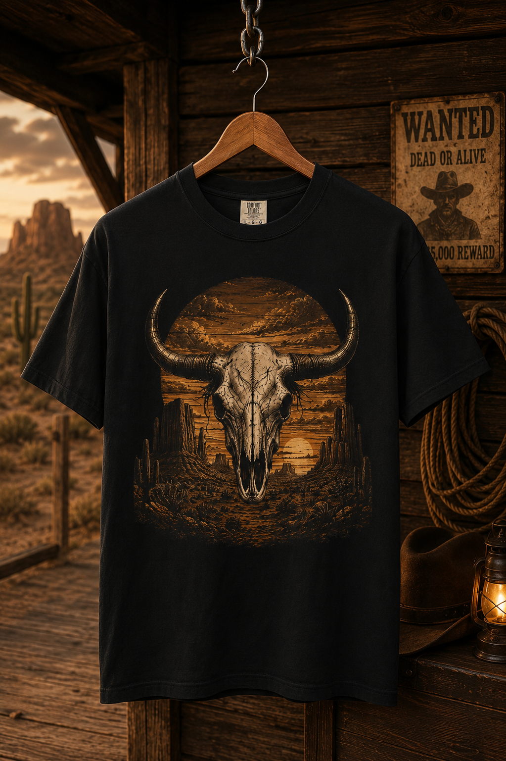 T-shirt tête de longhorn de l'Ouest | T-shirt graphique coucher de soleil dans le désert