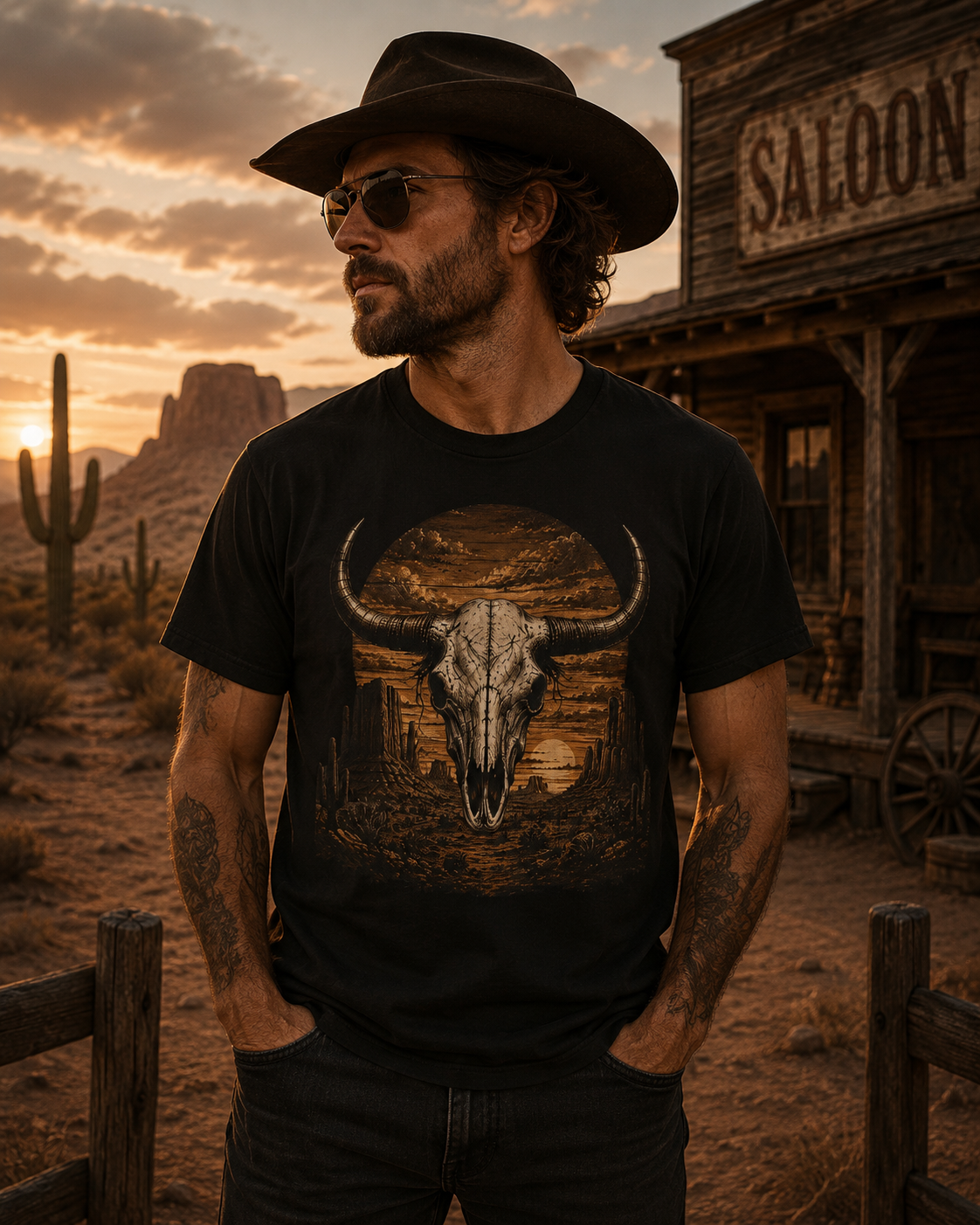 T-shirt tête de longhorn de l'Ouest | T-shirt graphique coucher de soleil dans le désert