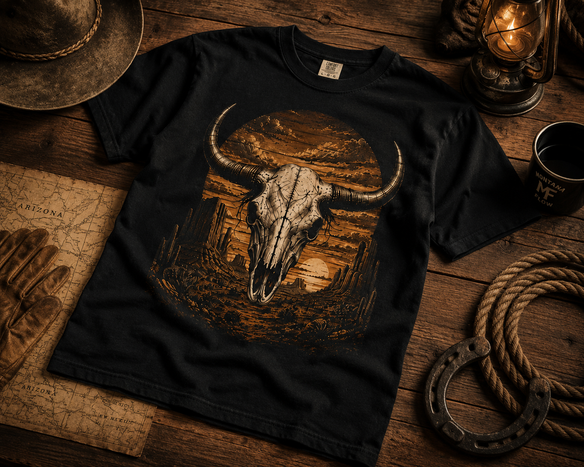 T-shirt tête de longhorn de l'Ouest | T-shirt graphique coucher de soleil dans le désert
