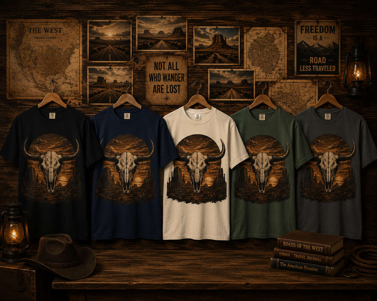 T-shirt tête de longhorn de l'Ouest | T-shirt graphique coucher de soleil dans le désert
