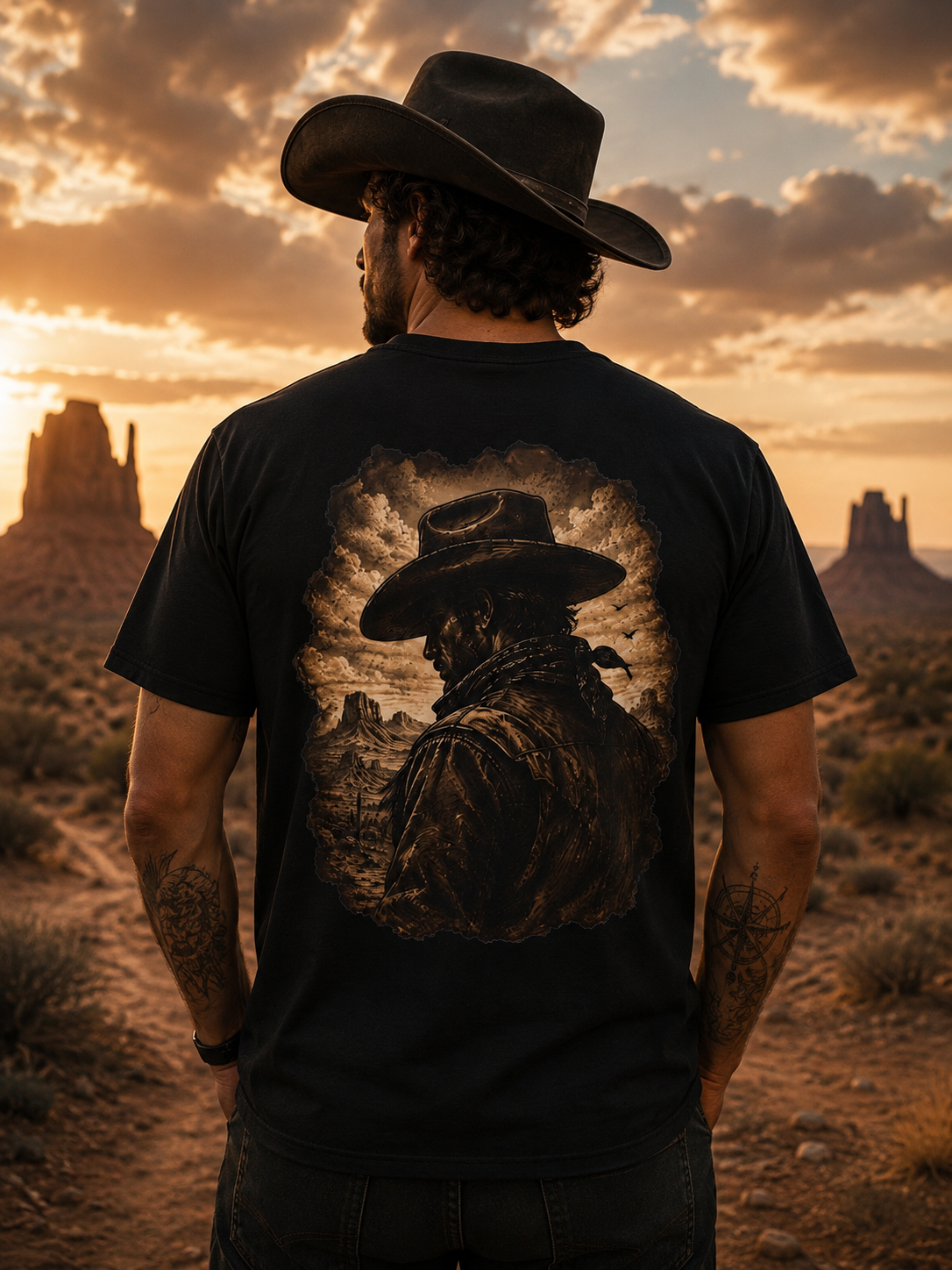 T-shirt portrait de cow-boy vintage | T-shirt graphique désert de l'Ouest
