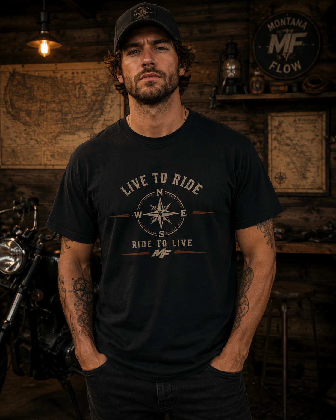 T-shirt graphique Live to Ride Compass | T-shirt de moto Ride to Live