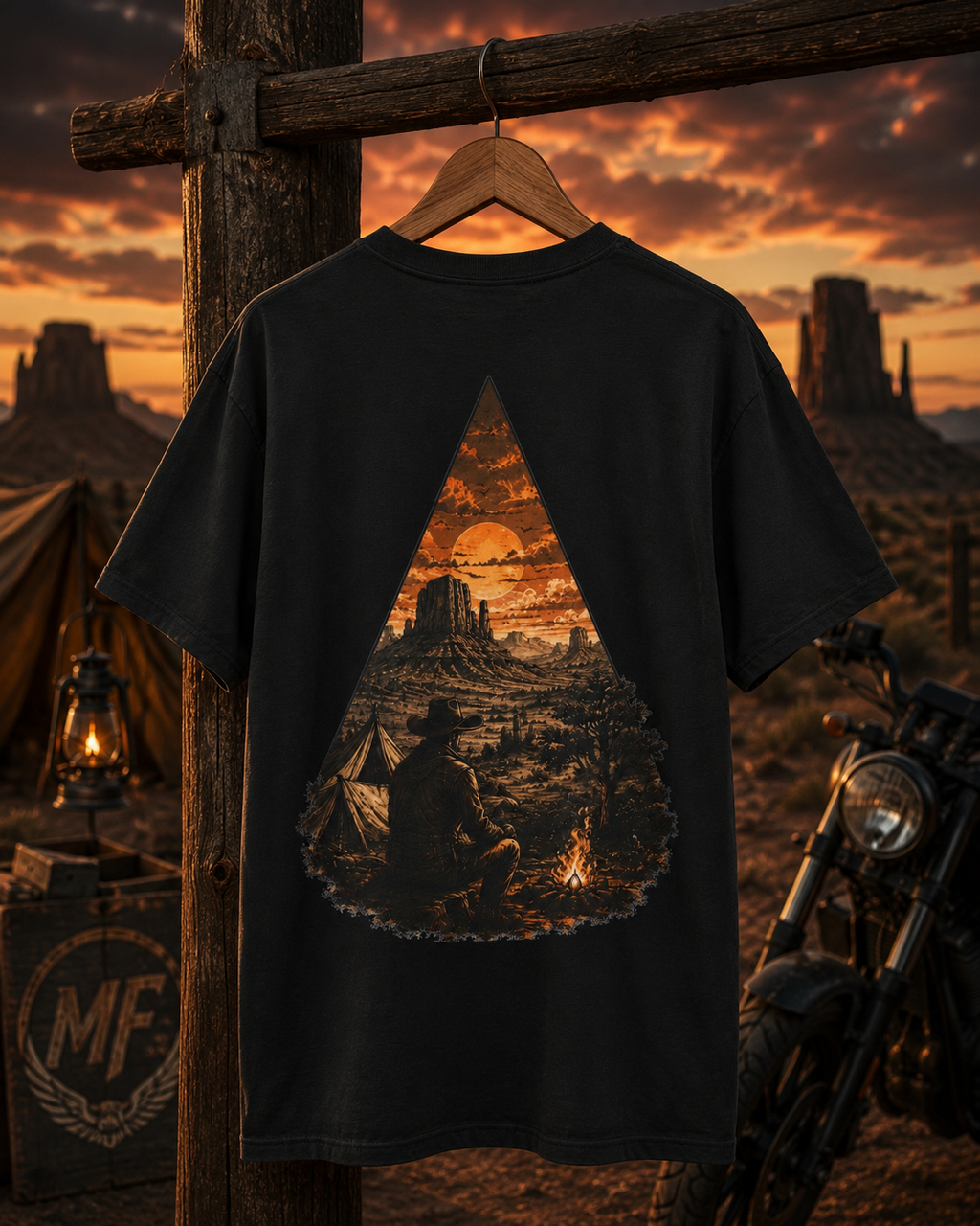 T-shirt Feu de camp du désert de l'Ouest | T-shirt graphique coucher de soleil cow-boy