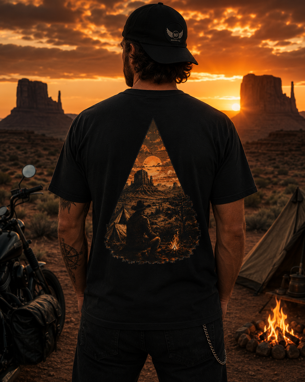 T-shirt Feu de camp du désert de l'Ouest | T-shirt graphique coucher de soleil cow-boy