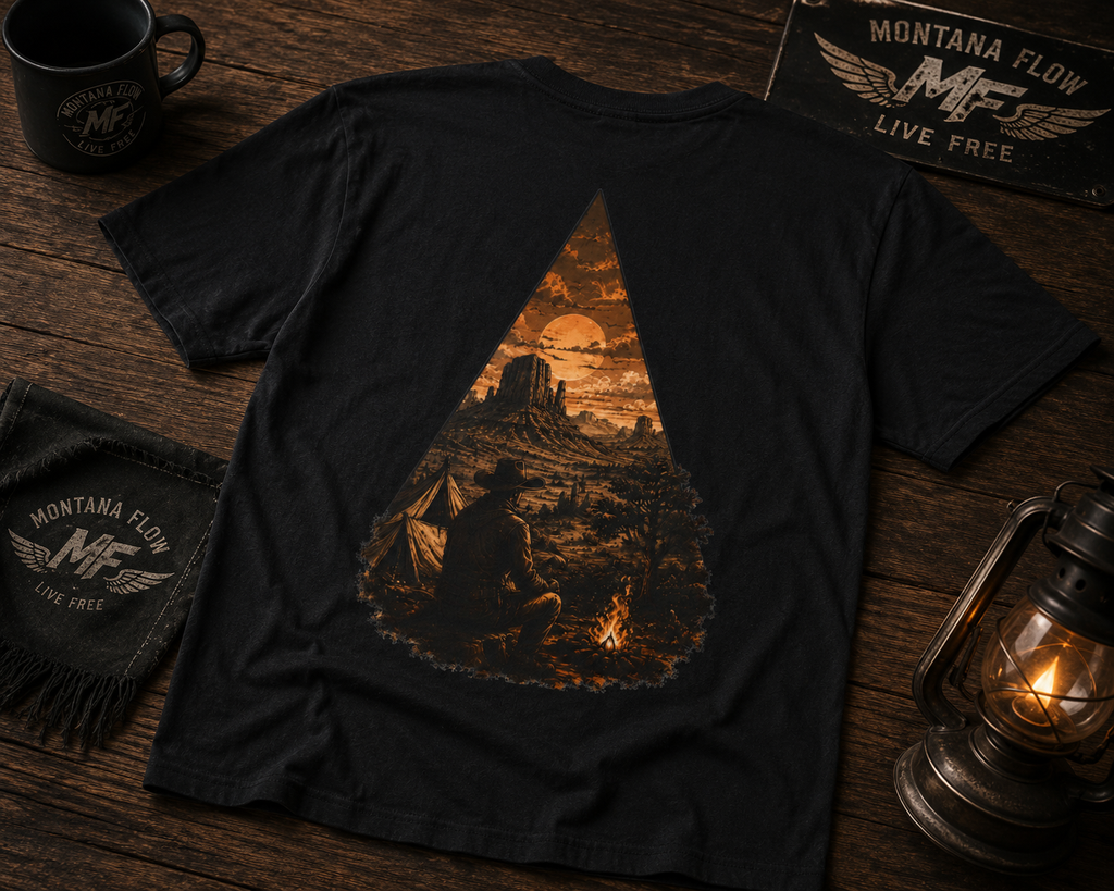 T-shirt Feu de camp du désert de l'Ouest | T-shirt graphique coucher de soleil cow-boy