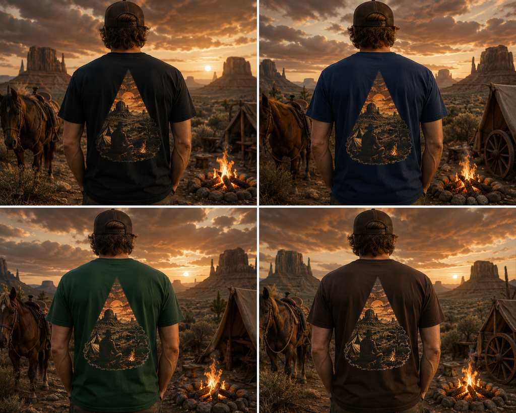 T-shirt Feu de camp du désert de l'Ouest | T-shirt graphique coucher de soleil cow-boy