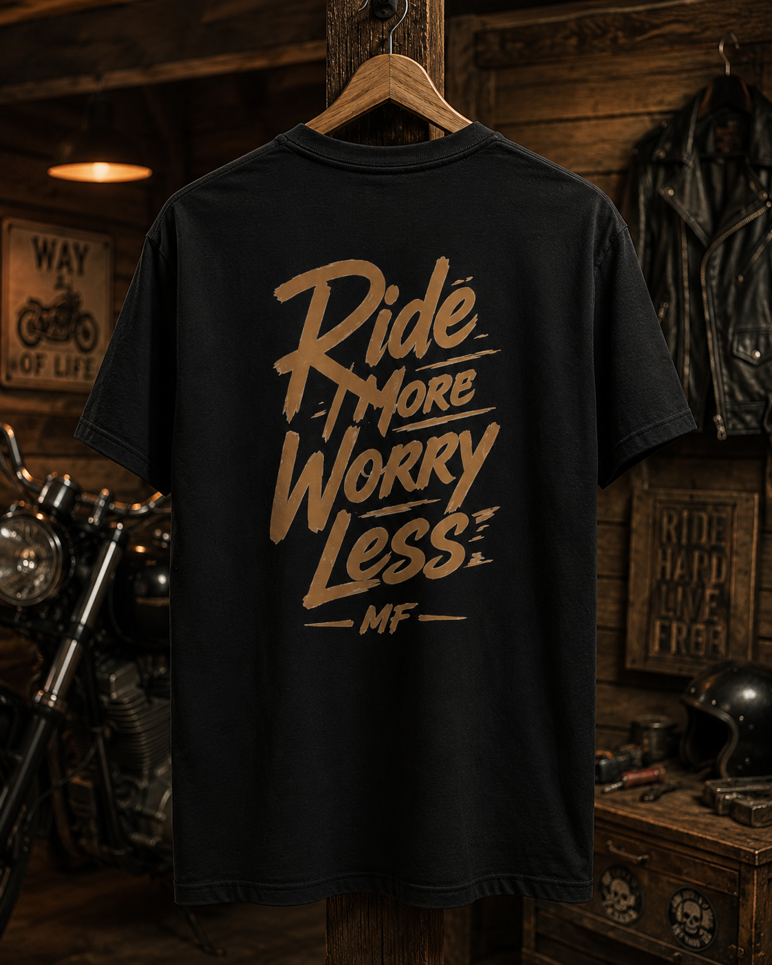 T-shirt Ride More Worry Less | Tee-shirt graphique avec typographie de motard