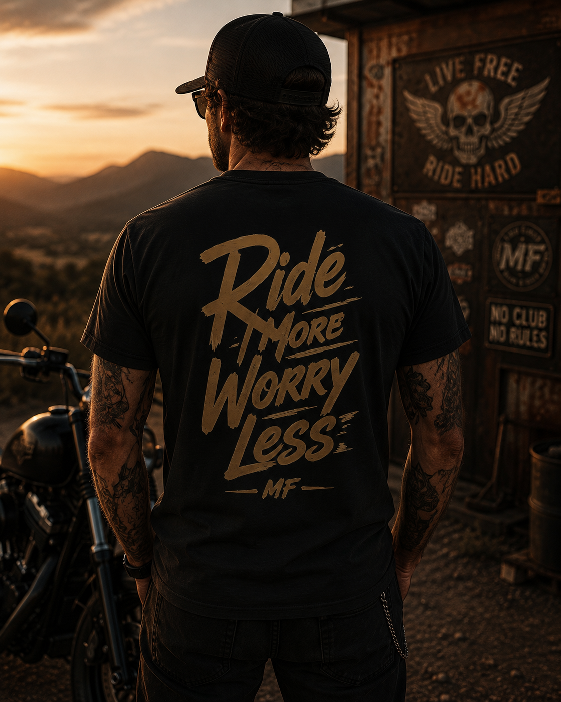 T-shirt Ride More Worry Less | Tee-shirt graphique avec typographie de motard