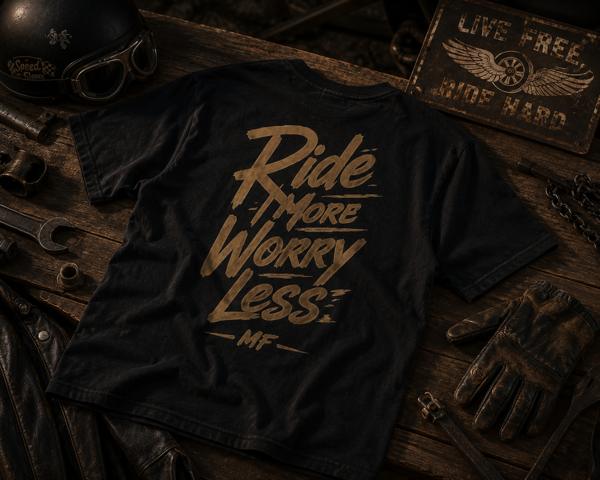 T-shirt Ride More Worry Less | Tee-shirt graphique avec typographie de motard