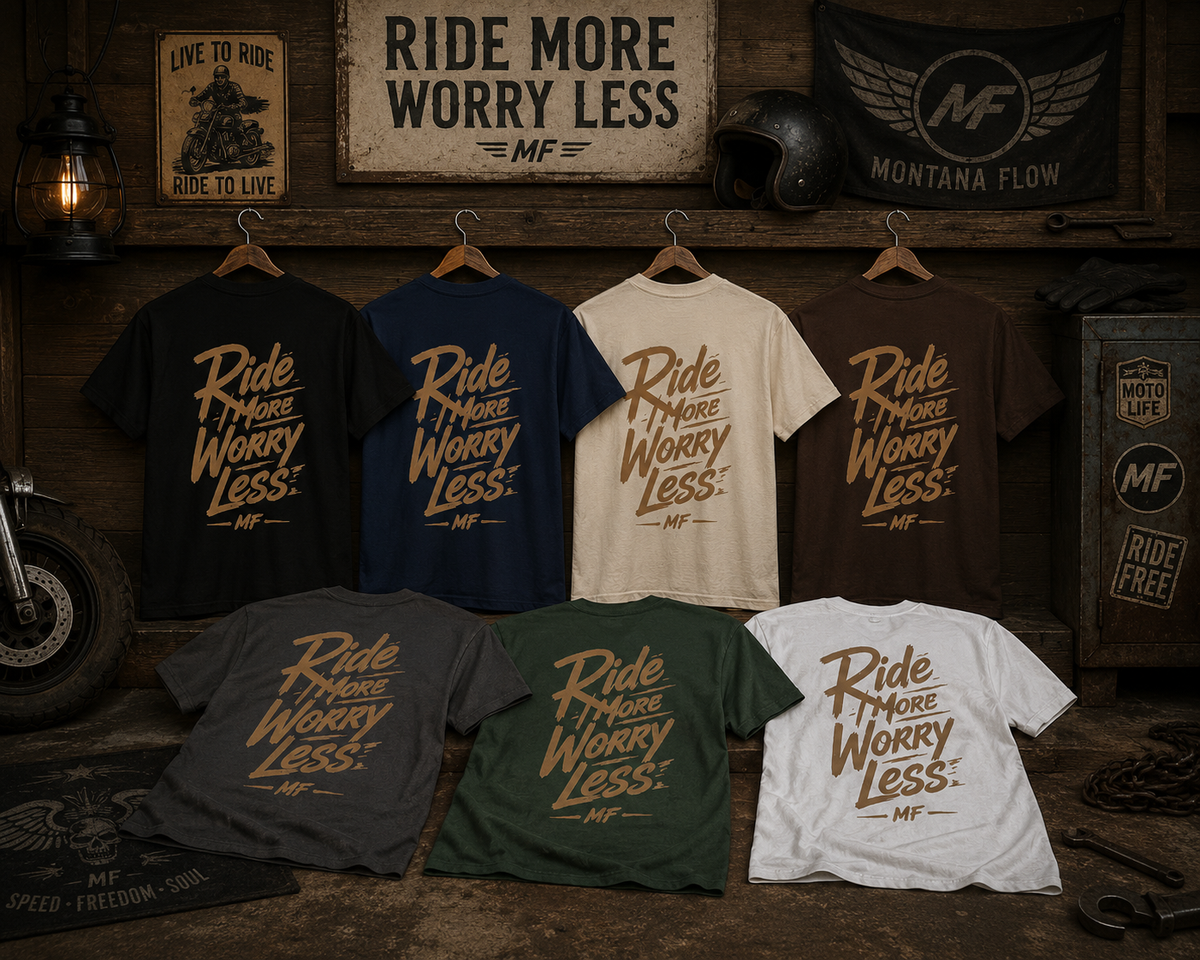 T-shirt Ride More Worry Less | Tee-shirt graphique avec typographie de motard