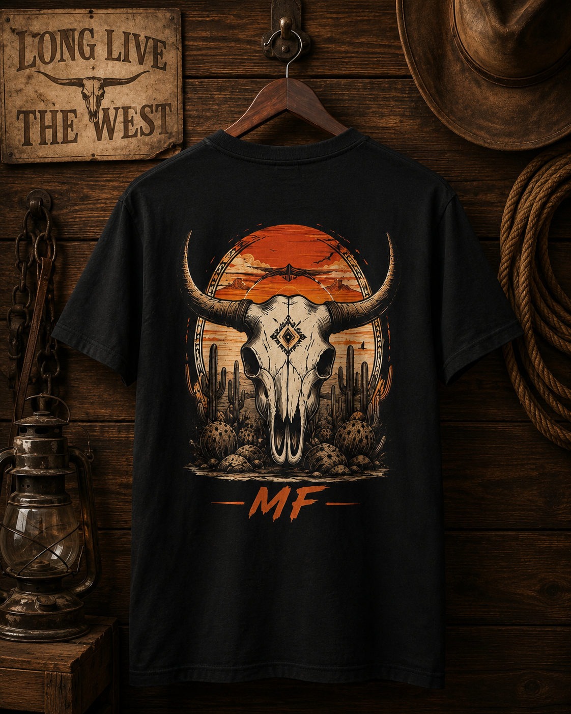 T-shirt avec crâne de longhorn de l'Ouest | T-shirt graphique avec cactus et coucher de soleil dans le désert