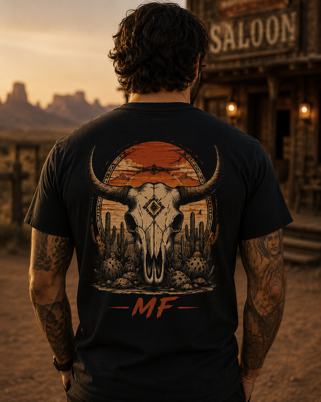 T-shirt avec crâne de longhorn de l'Ouest | T-shirt graphique avec cactus et coucher de soleil dans le désert
