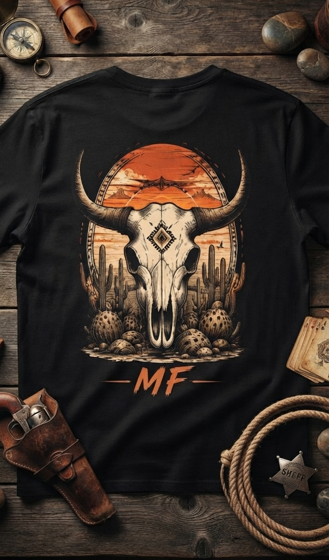 T-shirt avec crâne de longhorn de l'Ouest | T-shirt graphique avec cactus et coucher de soleil dans le désert