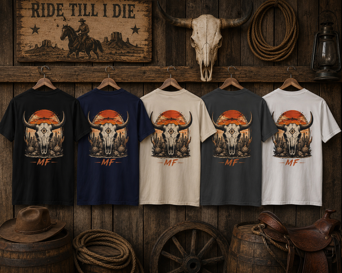 T-shirt avec crâne de longhorn de l'Ouest | T-shirt graphique avec cactus et coucher de soleil dans le désert