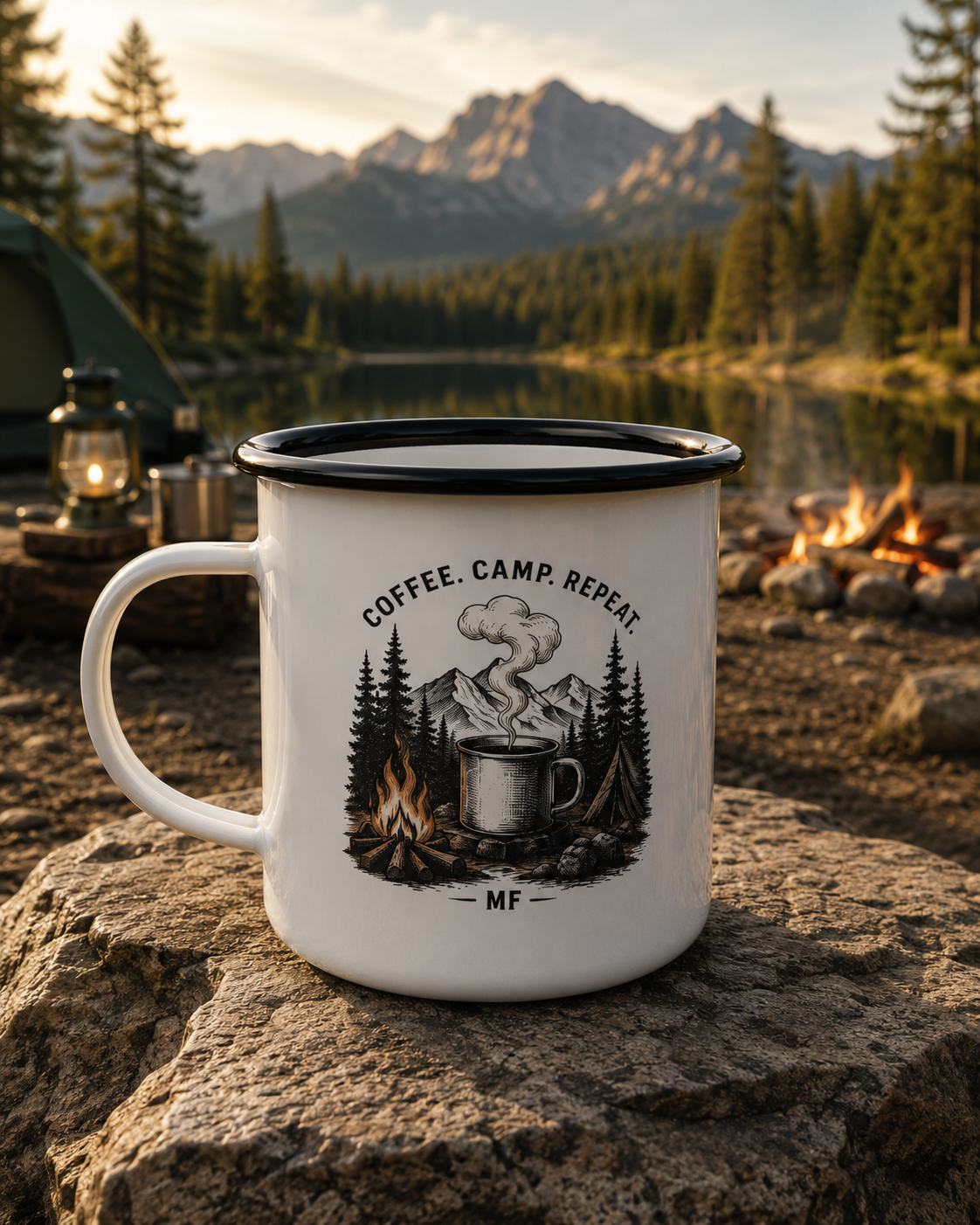 Camping Coffee Enamel Mug | Coffee Camp Repeat Mountain Campfire Cup