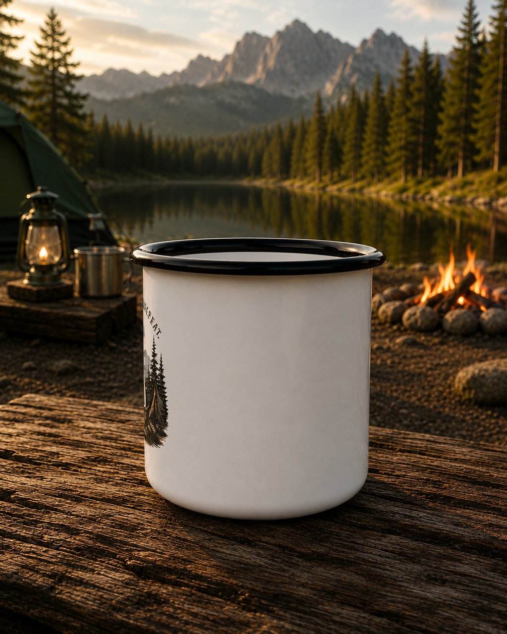 Mug de camping en émail pour café | Tasse de camping « Coffee Camp Repeat » avec motif montagne et feu de camp