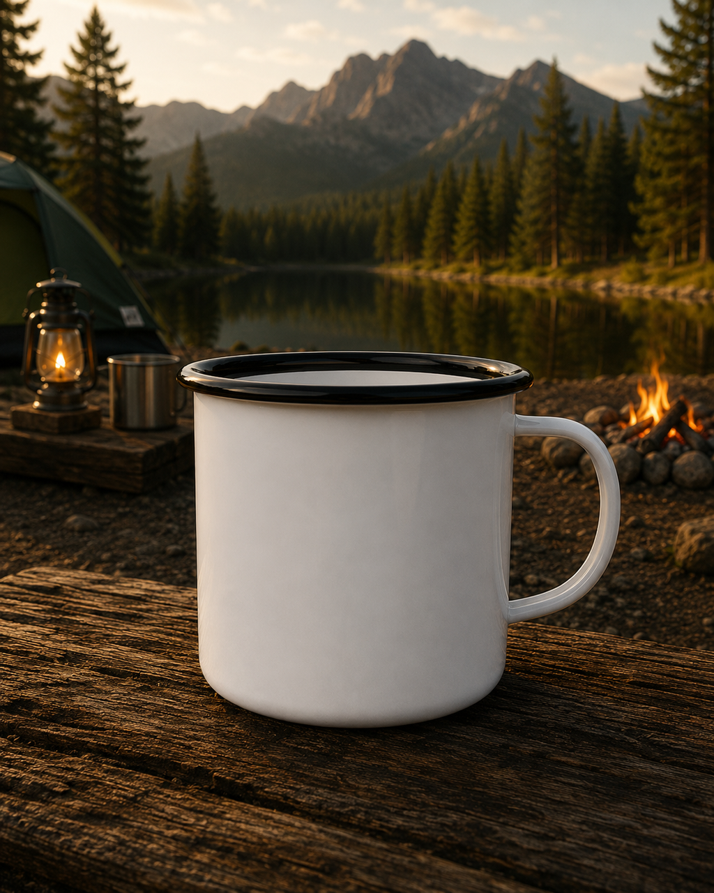 Mug de camping en émail pour café | Tasse de camping « Coffee Camp Repeat » avec motif montagne et feu de camp
