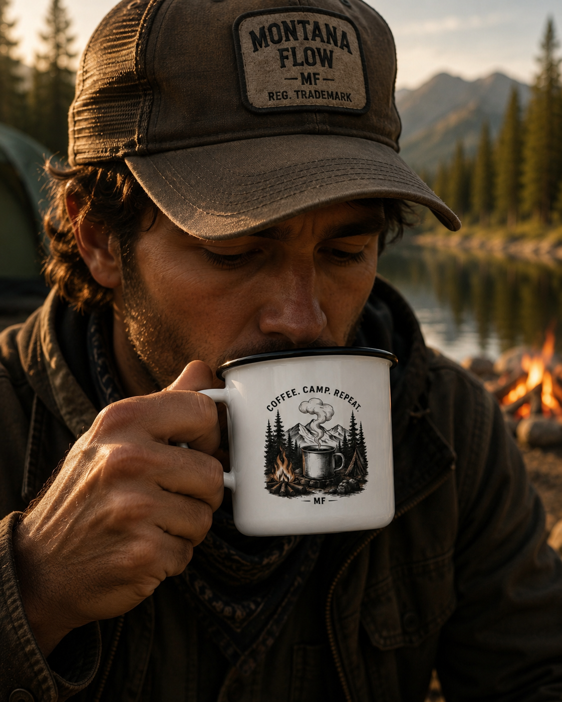 Camping Coffee Enamel Mug | Coffee Camp Repeat Mountain Campfire Cup