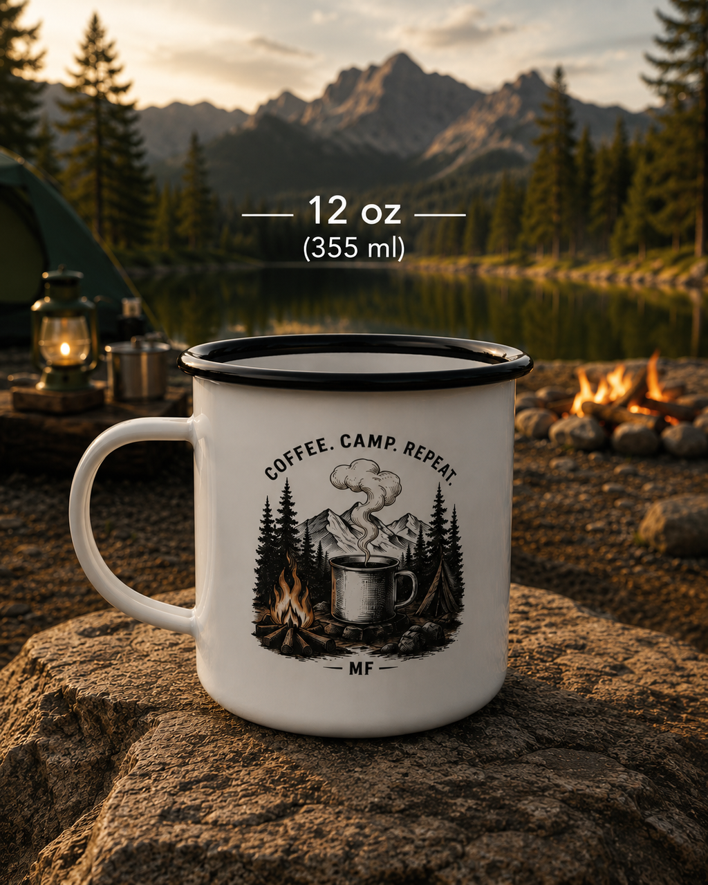 Mug de camping en émail pour café | Tasse de camping « Coffee Camp Repeat » avec motif montagne et feu de camp